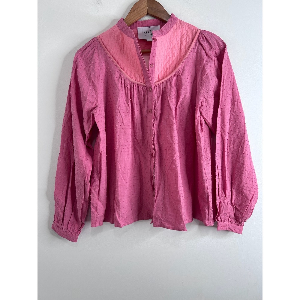 The Shirt Rochelle Behrens Pink Swiss Dot Quilted Yoke Peasant Blouse Medium NEW